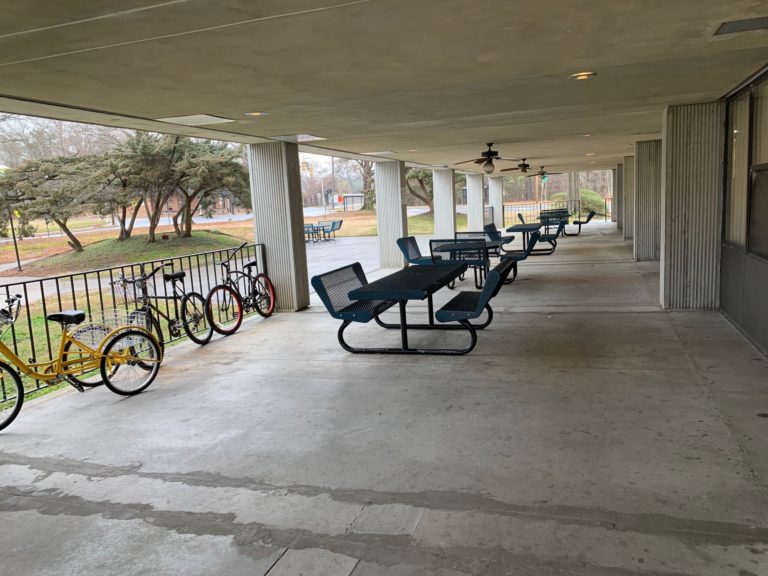 outdoor space, bikes, seating